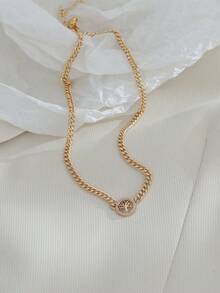 Nooxian 1pc Fashionable Classic Copper Gold-Plated Round Tree Of Life Cubic Zirconia Pendant Necklace, Layered Choker Necklace - Yellow Gold - View 4