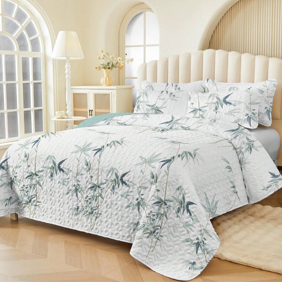 2/3pcs Bamboo Bedspread Set (Bedspread*1, Pillowcase*1/2, Pillow Insert Not Included), Fashion Printed Design, Elegant, Breathable & Comfortable, Soft, Suitable For Bedroom, Hotel, Guest Room, Bedding Set, All Season - White - View 1