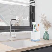 Toothbrush Holder Toothpaste Organizer Drainage For Bathroom Vanity Detachable Anti-Slip Brushed Nickel Toothpaste Storage Caddy 3 Slots With Drainage Holes For Makeup Brush Razor Stand - Blue & White - View 4
