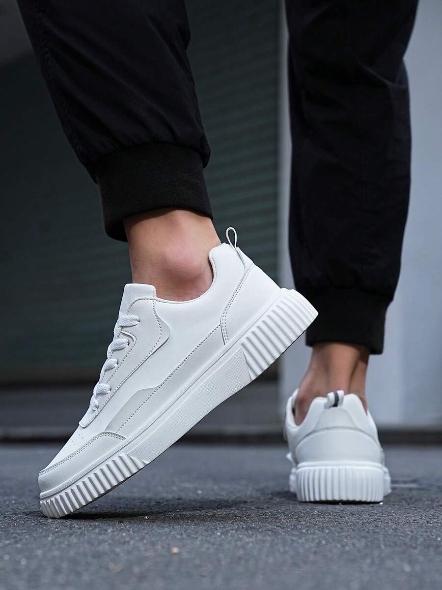 Men's Skate Shoes, White Leather Sneakers With Thick Wave Sole, Non-Slip Comfortable Low-Top Shoes For Casual Wear, Street Style Gift For Him - 白色 - 查看 1