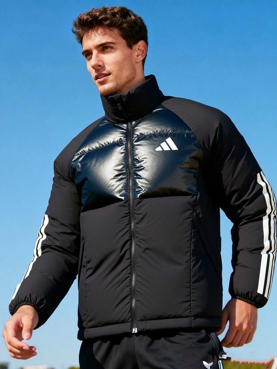 Adidas 黑色羽絨外套 男子戶外保暖羽絨外套 LW DOWN JKT三條紋LOGO蓬鬆保暖外套 無帽羽絨外套 JG5923