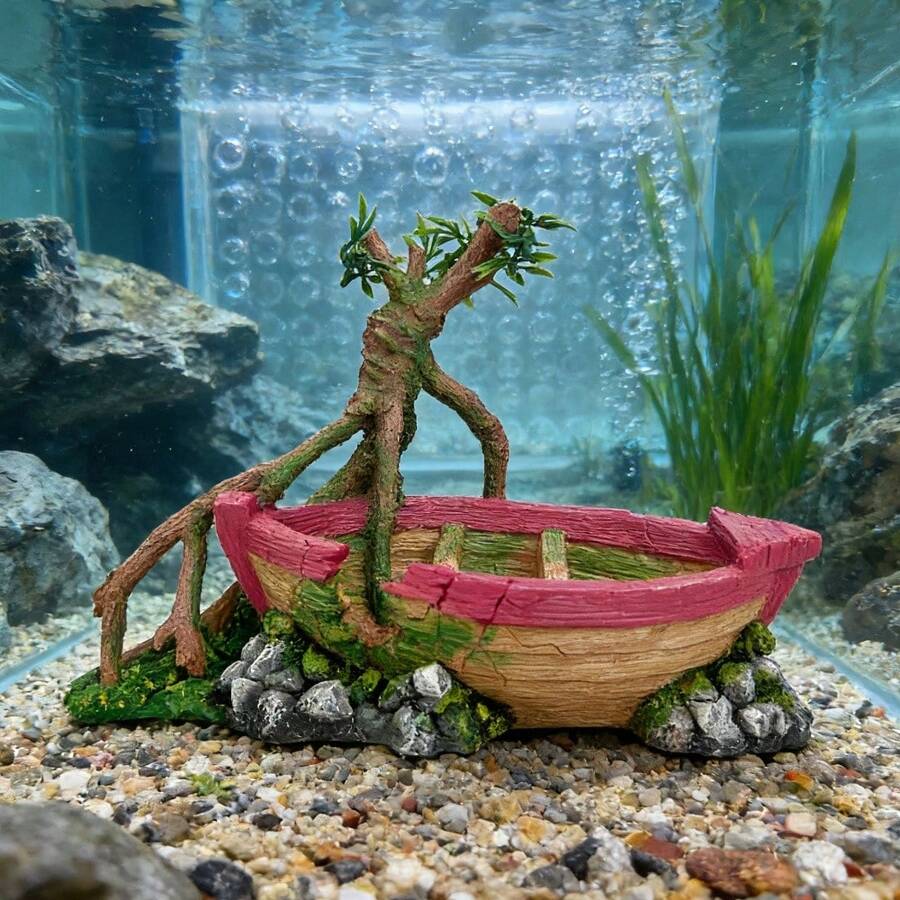 1pc Realistic Fishing Boat Design Aquarium Decor, Fish Tank Accessories, Underwater Landscape Ornament, Decoration, Resin Sunken Ship Model, Suitable For Freshwater And Saltwater Aquariums, Also Can Be Used As Living Room, Bedroom, Tabletop Decor - A - View 1
