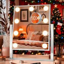 11.9 x 11.7 inch white adjustable LED makeup mirror, 10X magnification, three-color touchscreen dressing mirror, USB interface desktop mirror, high-definition beauty mirror, wedding season, room decoration - Blanco - Ver 2