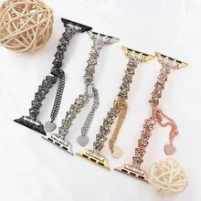 全新表带，兼容 4/5/6/7/8/SE，新款手镯式表带，女士银色手镯式表带，采用钻石花朵设计，搭配螺旋金属表带，兼容 38/40/41/42/44/45/46/49毫米表带，兼容 Ultra/SE/1/2/3/4/5/6/7/8/9/10系列，时尚优雅，适合日常、休闲、商务场合。