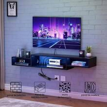 INICO Mueble Flotante para TV 70 con Luces LED, Repisas Flotantes de Pared para TV con Toma de Corriente, Sencillo y Ahorra Espacio Debajo para Salón, Dormitorio, Marrón - Negro - Ver 4