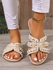 Women's Flat Sandals, Vacation Style Beige Strap Pearl Fashion Slippers, New Beach Rhinestone Slippers, Spring/Summer 2026 - Beige - View 4