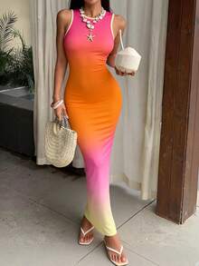 情人节渐变橙黄色无袖紧身长裙，性感派对及节日女装 - 熱帶粉紅色 - 查看 1