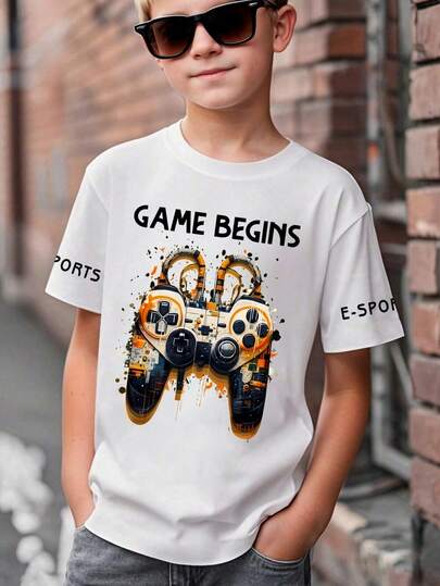 Tween Boy Video Game Letter Print Round Neck Short Sleeve Casual T-Shirt