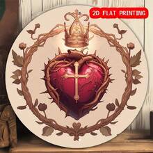 Vintage Sacred Heart Metal Wall Art 8x8 Inch Round Aluminum Sign, Religious Home Decor With Crown & Cross Design, Catholic Wall - TYA71977-20x20cm - Xem 7