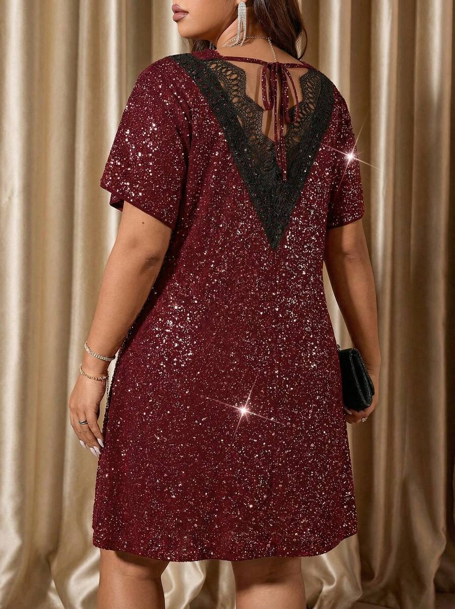 Voworia Plus Size Women's Shiny Fashion Backless Lace Trim Petal Short Sleeve Dress - Burgundy - View 1