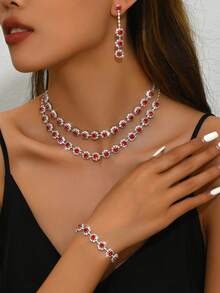 2-Layer Sunflower Diamond Necklace, Earrings & Bracelet Set, Wedding Accessories - 484798 Silver and Black Suit - View 5