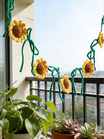 1pc Crochet Sunflower Wreath With Green Bow, Handmade Yellow Sunflower Garland, Rustic Spring Wall Decor, Boho Bedroom Hanging Floral Wreath, Summer Wedding Party Decoration, Whimsical Floral Garland Banner, Farmhouse Wall Decor, Minimalist Floral Hanging Decoration