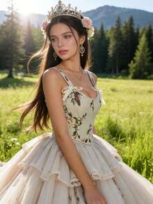 Y2K Floral Print Crop Top - Adjustable Lace-Up Back Bustier - Apricot - View 2