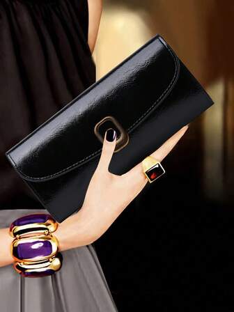 Portefeuille long pour femme, élégant et à la mode, à boutons-pression, couleur unie, avec plusieurs emplacements pour cartes