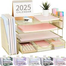 Gianotter Desk Organizers And Accessories With File Holder, 4-Tier Desk Accessories & Workspace Organizers With Drawer And 2 Pen Holder, Paper Organizer For Office Supplies(Gold) - 金子 - 查看 1