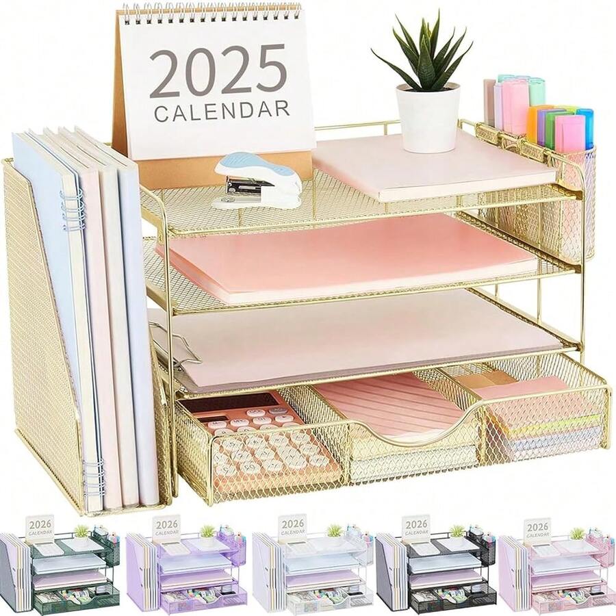 Gianotter Desk Organizers And Accessories With File Holder, 4-Tier Desk Accessories & Workspace Organizers With Drawer And 2 Pen Holder, Paper Organizer For Office Supplies(Gold) - 金子 - 查看 1