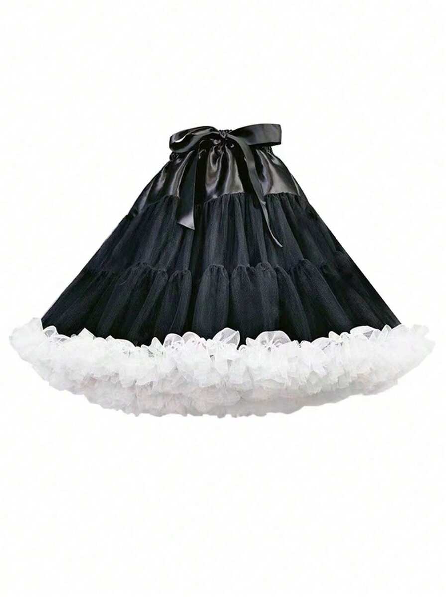 XKTRXF 女士薄纱裙，松紧腰雪纺迷你吊带裙，公主芭蕾舞裙，白色裙子 - 黑與白 - 查看 1