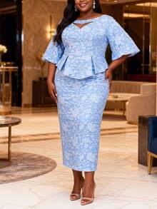 Women Jacquard Elegant Light Blue Long Curvy Peplum Dress Cutout Wedding Guest Sunday Occasion Party Dresses Spring - Baby Blue - View 4