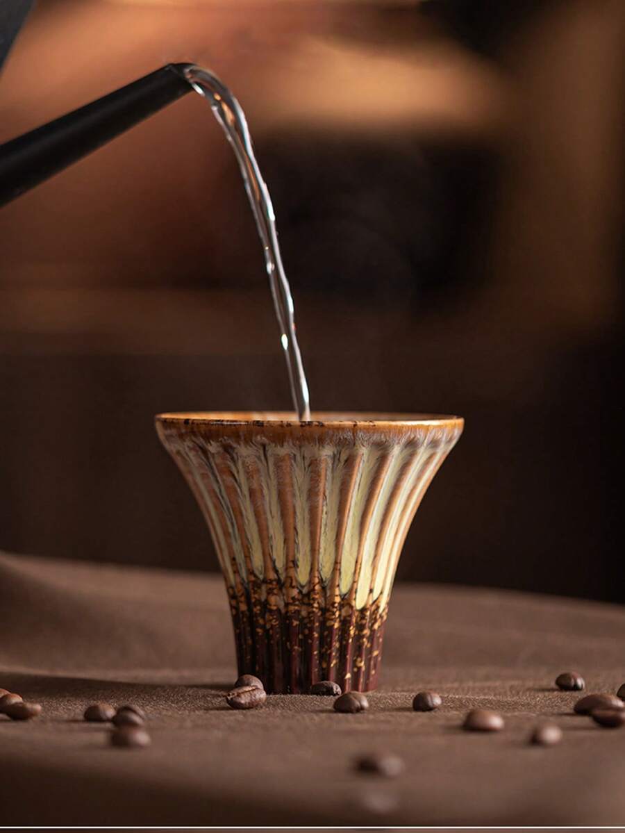 1pc Retro Crackle Vertical Stripe Ceramic Concentrated Latte Coffee Cup, Creative Coarse Pottery Tea Bowl Tea Cup, Cute Household Mug, High-End Office Grip Water Cup For Men And Women