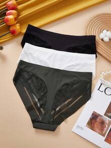 3pcs Plus Size Women's Solid Color Basic Lace Sexy Briefs, Comfortable For Home & Sports - Multicolor - View 2