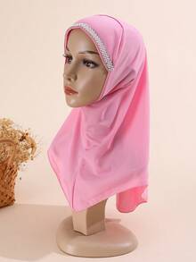 1pc Children/Girls' Pearl & Rhinestone Hijab, Middle Eastern Muslim Arabic Cute Elegant Breathable Adjustable, Suitable For All Seasons Gift - A - View 8