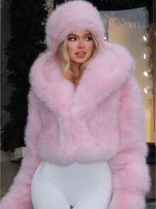 Fur Coat Women Pink Faux Fur Hooded Cropped Coat Women Fashionable Winter Warm Jacket - Hồng - Xem 3