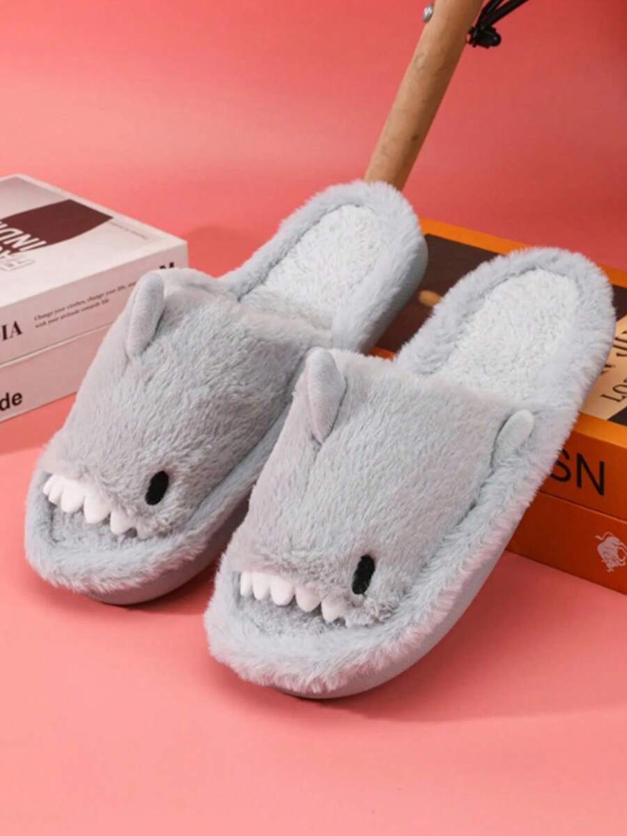 Men's Cartoon Shark Print Slippers, Solid Color Simple Open-Toe Fluffy House Slides, Autumn/Winter - Grey - View 1