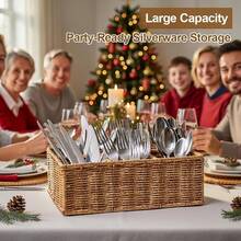 Wicker Silverware Caddy For Party, Woven Rattan Utensil Holder,  Fork Spoon Holder, Countertop Cutlery Storage Box, Cabinet Tabletop Silverware Organizer (Brown Gold) - BrownGold - View 3