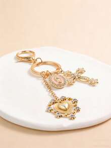 Christian Amulet Keychain,Elegant Golden Cross Keyring With Heart & Faux Pearl Designcolorful Virgin Mary Decoration Pendant, Sparkling Diamond Amulet - Cross Keychain, Bag Amulet, Cross Pendant, Decorative Wallet Backpack Accessories, Headphone Bag Accessories, Luggage And Car Ring Buckle Decoration Keychain, Suitable As Holiday Gift, Valentine'S Day Gift - Multicolor - View 3