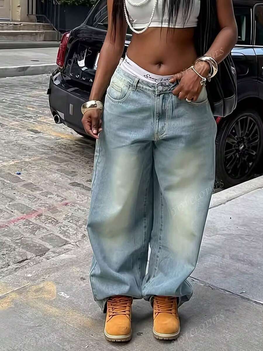 Retro Loose Street-Style Washed Bleached Wide-Leg Women Baggy Jeans,Women's Pocketed Wide Leg Relaxed Casual Versatile Jeans,Oversized Baggy Denim Jeans | Retro Washed Finish | Exposed Waistband Detail | Y2K Streetwear Vibe,Ins Fashion Baggy Denim | Relaxed Silhouette | Distressed Texture | Must-Have Urban Pants - Rửa nhẹ - Xem 1