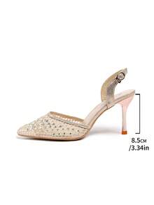 2026 Spring Pointed Toe Rhinestone Mesh Hollow Red Bottom Sandals, Versatile Metallic Stiletto High Heels - Gold - View 6