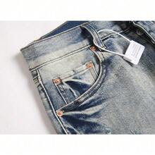 Pantalones vaqueros de PU para hombre con bordado de rasgaduras, diseño de retazos, corte ajustado elástico, estilo moderno de la calle, duraderos, cómodos y elegantes. - Gris - Ver 5