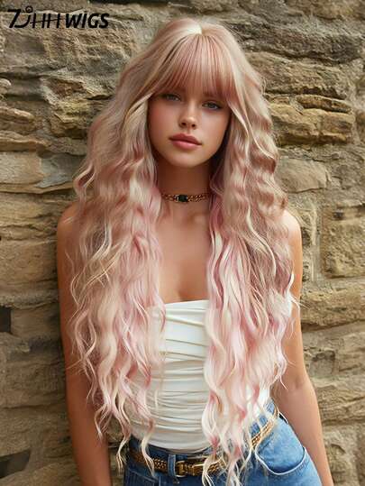 7JHH WIGS Peluca de alta calidad de 36 pulgadas extra larga con ondas y rizos para mujeres - Elegante peluca larga y ondulada con flequillo en degradado rosa y dorado, de fibra resistente al calor, sin pegamento, sintética y completa, perfecta para uso diario, festivales de música, fiestas, cosplay, anime o disfraces, regalo de graduación para niñas y accesorios de pelucas