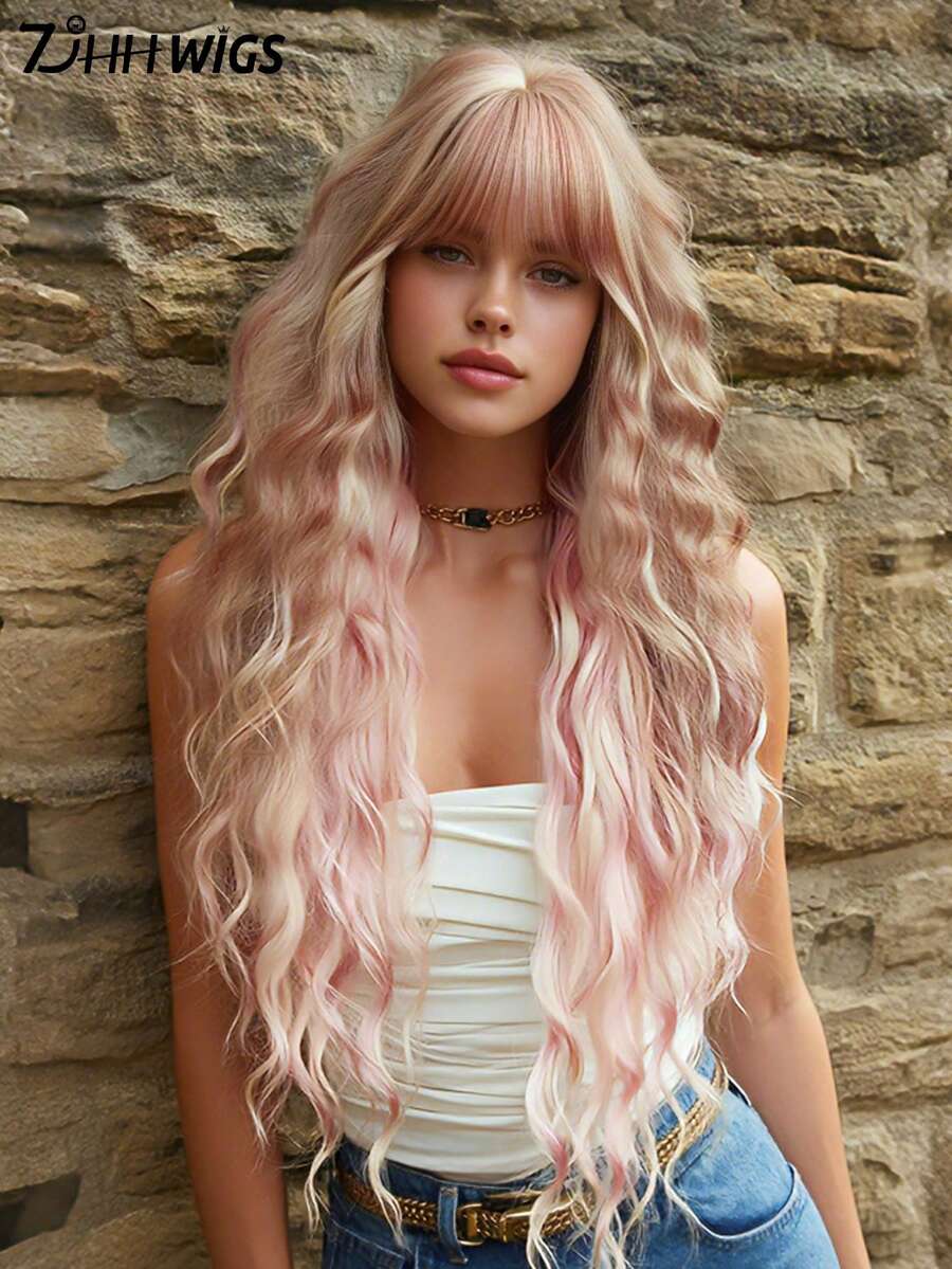 7JHH WIGS 高品质36英寸超长波浪卷发假发，优雅粉色渐变超长波浪假发，刘海挑染金色，耐热纤维材质，无胶合成全机编织，适合日常佩戴、音乐节派对、街头风、动漫角色扮演或服装搭配，是女孩毕业礼物和假发配件的理想之选。