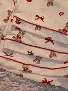 3件套女士春夏可爱宽松泰迪熊樱花蝴蝶结印花口袋前开襟短袖上衣、短裤和长裤睡衣套装，舒适家居服 - 米色 - 查看 5