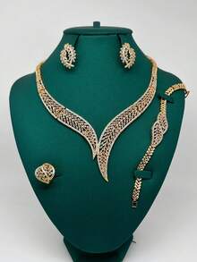 4pcs Middle Eastern Jewelry Set: Gold Necklace, Earrings, Ring, Bracelet, Copper Zirconia V-Shape Wheat Design, Tassel Decor, Suitable For Women's Daily, Party, Wedding, Bridal Wear