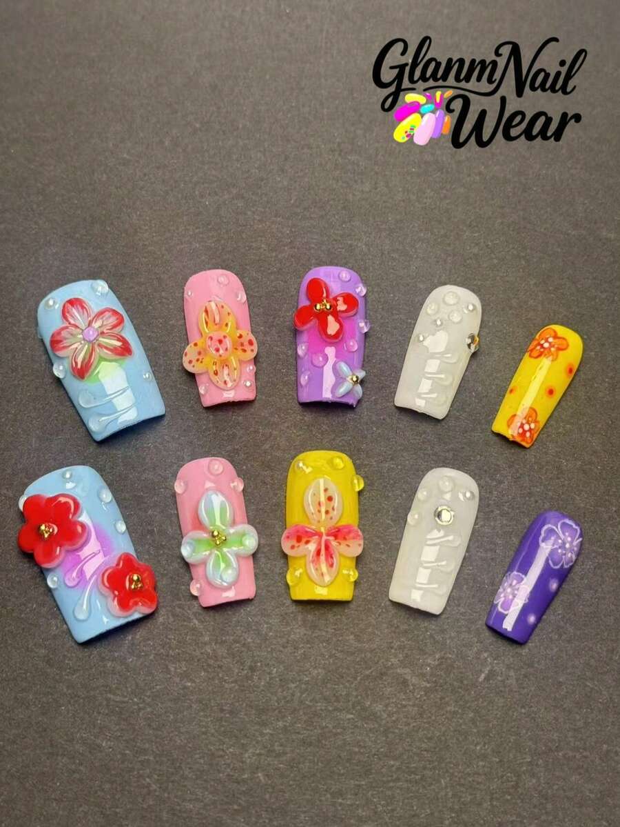 10 Handmade Square Pressed Nails Are Stitched With Blue, Pink, Purple, Yellow And Other High-Saturation Candy Colors, With Three-Dimensional Flower Carvings And Rhinestone Decoration. Some Nail Surfaces Are Dyed And Textured, And The Whole Is Full Of Childish And Sweet Elements. - Multicolor - View 1