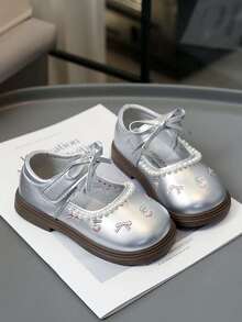 1 Pair New Pearl Cherry Girls Leather Shoes, Butterfly Embroidery Soft Bottom Princess Shoes - Silver - View 2