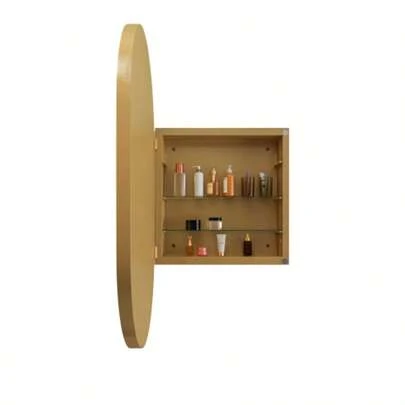 Stylish Oval Mirror Cabinet, Recessed Medicine Cabinet, Wall Cabinet With Metal Framed, Mirror And Adjustable Shelves, Mirror Cabinet With Storage For Bathroom, Living Room And Bedroom, Gold
