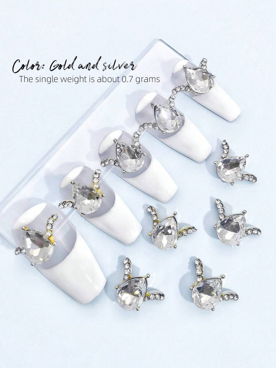 10pcs New Shiny Crystal Glass Gold & Silver Alloy 3D Metallic Unicorn Wing Nail Jewelry Decorations, DIY Accessories Suitable For Girls & Women Nails Nail Supplies - Multicolor - View 1