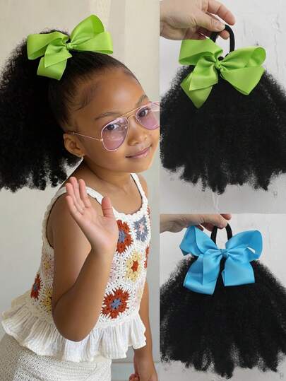 1pc Girls Fluffy Curl Ponytails With Bow Clip- Natural Black Synthetic Hair Pieces, Volume & Soft Texture For Braids, Buns, For Halloween & Daily Wear - Comfortable Wig Accessories Suitable For Girls