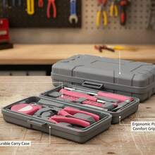 24件套粉色家用工具套装，包括钢钳、卷尺、锤子等 - 灰色小巧盒装多功能维修工具包，适合DIY和家庭维护 - 粉色 - 查看 10