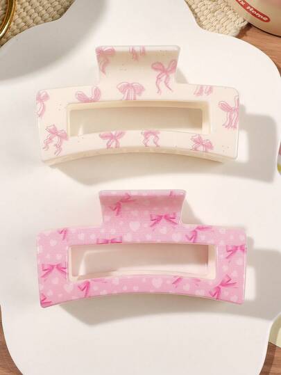 2pcs/Set Valentine's Day ABS Material Pink Cartoon Fresh Sweet Bow UV Print Hair Claw, Milky White & Pink Square Elegant Hair Clip Combo, Simple High-End Atmosphere Party Headpiece Women Claw Clips Fashion Hair Accessories Elegant Hair Clutch Casual Hair Jaw Clip