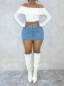 A Women's A-Line Denim Mini Skirt With A Belt Loop That Fits The Buttocks Is Suitable For Daily Sexy Outfits - 中等水洗藍 - 查看 5