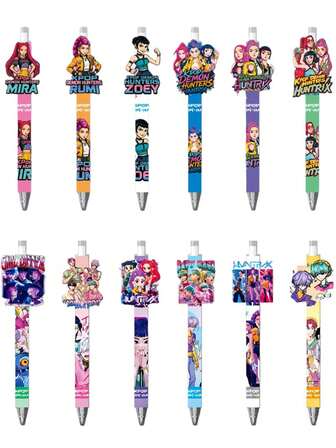 6支卡通人物图案圆珠笔，0.5毫米黑色加压墨水，适合书写、桌面装饰、派对礼品、收藏玩具