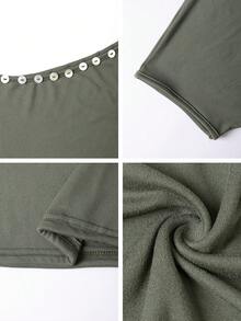Vaiaye Women Loose Casual Round Neck One-Shoulder T-Shirt, Shell Decor Slim Fit T-Shirt, Spring/Summer Open Shoulder Top - Army Green - View 10