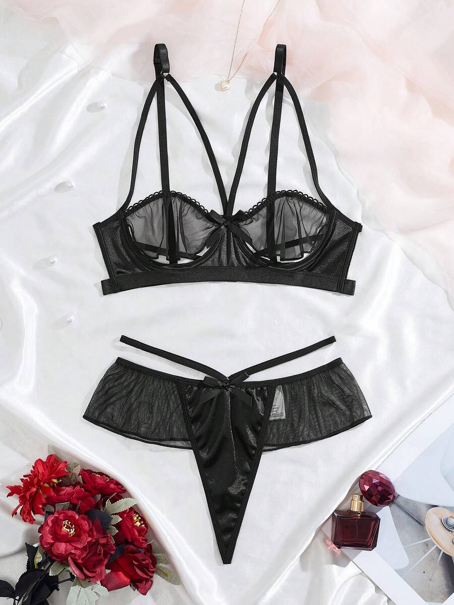 Fashionable French Charm Hollow Design, Sexy Mesh Sheer Black Bra, Alluring Semi-See-Through Lingerie With Low-Waist Thong - Black - View 1