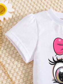 Young Girls Cartoon Print T-Shirt And Ruffle Hem Skirt Set - Hot Pink - View 3