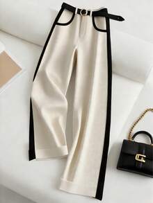 Women's Wide-Leg Elegant Pleated Trousers, Black And Beige Color-Blocked Design, Suitable For All Seasons - Black and White - View 2