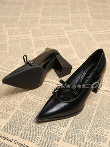 Zapatos de tacón alto de moda para mujer, nuevos para primavera 2025, de oficina. Zapatos casuales de punta puntiaguda de unicolor negro/marrón, elegantes y minimalistas con tacón grueso de alta calidad. Adecuados para pantalones de pierna ancha y vestidos. - Negro - Ver 5